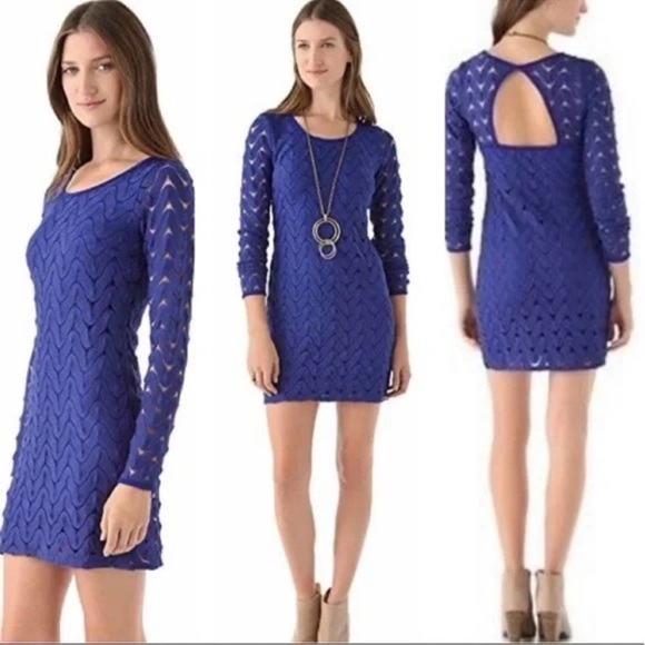 Free People Wild Thing Open Lace Zig Zag  Chevron Long Sleeve Dress -XS - Picture 1 of 7